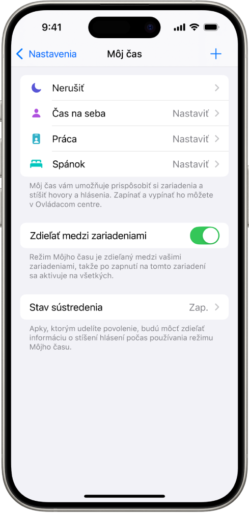Obrazovka s piatimi preddefinovanými možnosťami Môjho času: Nerušiť, Žiadne správy počas hovorov, Spánok, Čas na seba a Práca. Zapnutá je možnosť Zdieľať medzi zariadeniami, čo vám umožňuje používať rovnaké nastavenia režimu Môjho času na všetkých Apple zariadeniach.