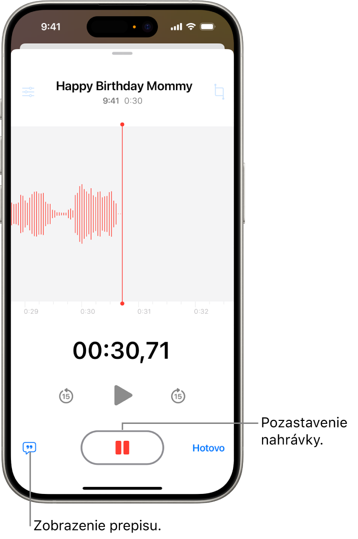 Nahrávka v apke Diktafón. Zobrazuje sa vlnový priebeh prebiehajúcej nahrávky spolu s indikátorom času a tlačidlom na pozastavenie nahrávania.
