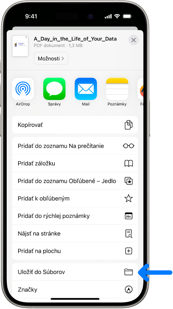 V Safari sa po klepnutí na tlačidlo Zdieľať v PDF súbore objavil v blízkosti dolného okraja obrazovky zoznam možností obsahujúci okrem iného možnosť Uložiť do Súborov.
