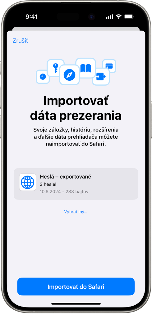 Obrazovka Importovať dáta prezerania s CSV súborom s heslami z iného správcu hesiel pripraveným na import.