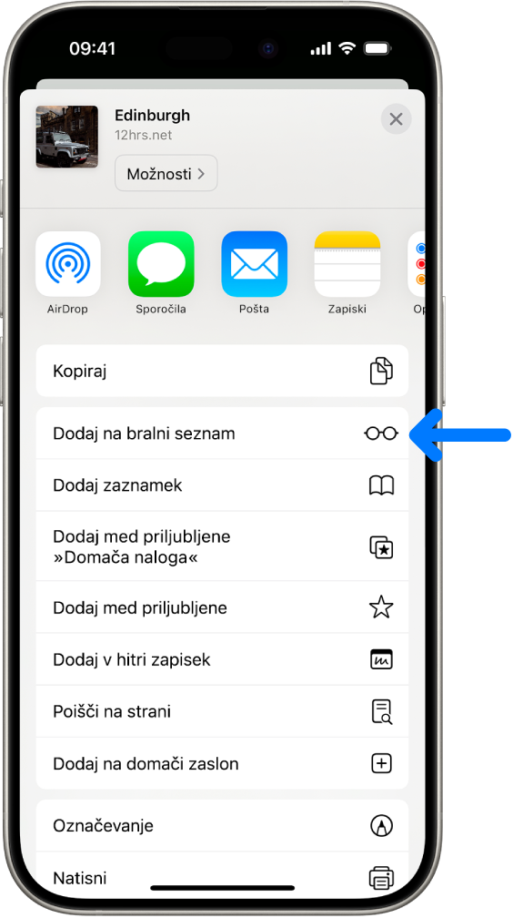 V brskalniku Safari je bil tapnjen gumb Deljenje na spletni strani, ki razkriva seznam možnosti, vključno z možnostjo Dodaj na bralni seznam.