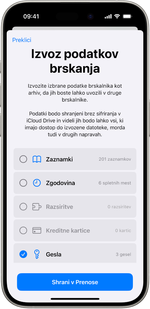 Zaslon Izvoz podatkov brskanja z možnostjo Gesla, izbrana za izvoz v drugega upravitelja gesel.