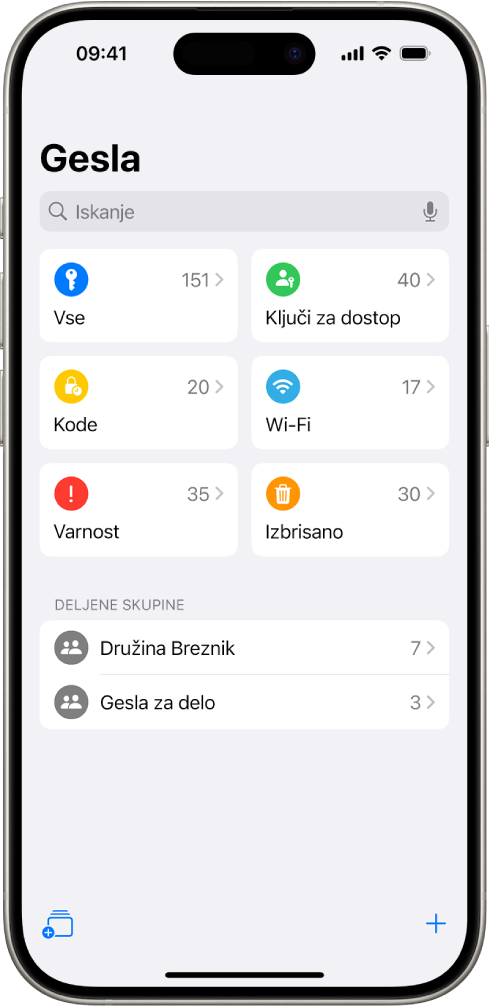 Domači zaslon za aplikacijo Gesla, z gumbi Vse, Ključi za dostop, Potrditvene kode, W-Fi, Varnost in Izbrisano, skupaj s seznamom deljenih skupin.