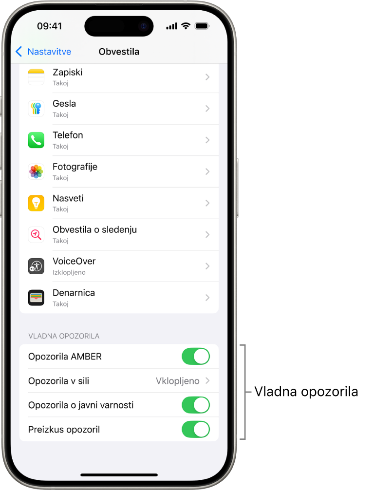 Zaslon z obvestili, ki prikazuje opozorila Vladna opozorila, ki jih lahko vklopite za prejemanje vladnih opozoril.