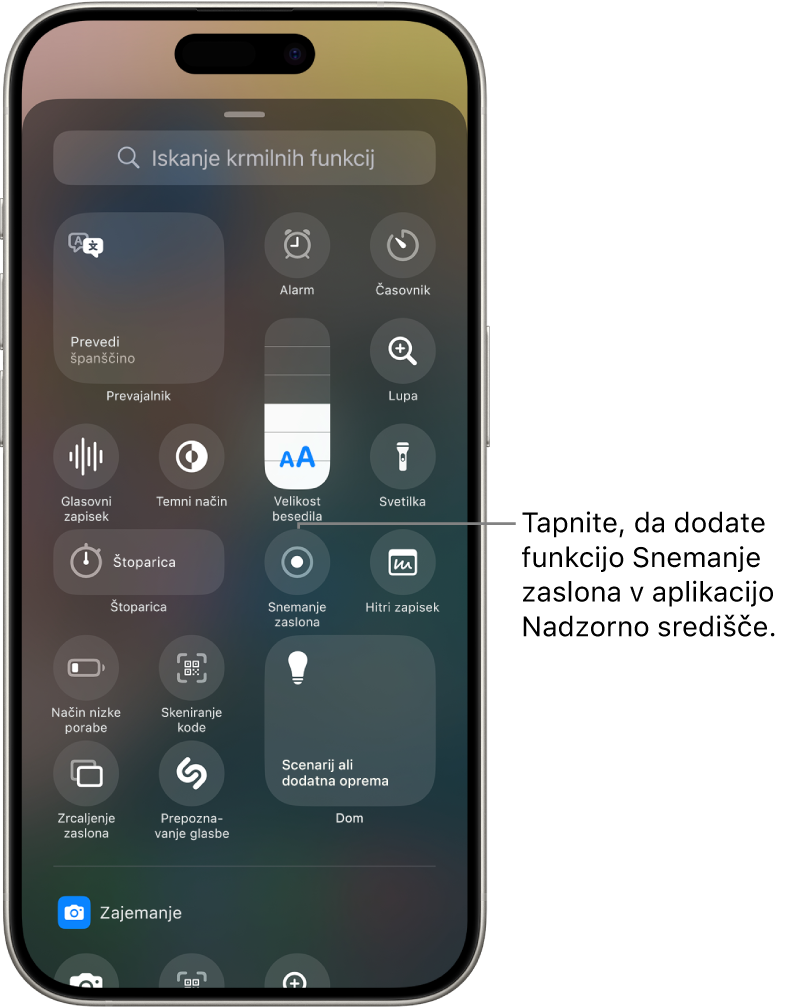 Galerija krmilnih funkcij z gumbom Snemanje zaslona na sredini zaslona.