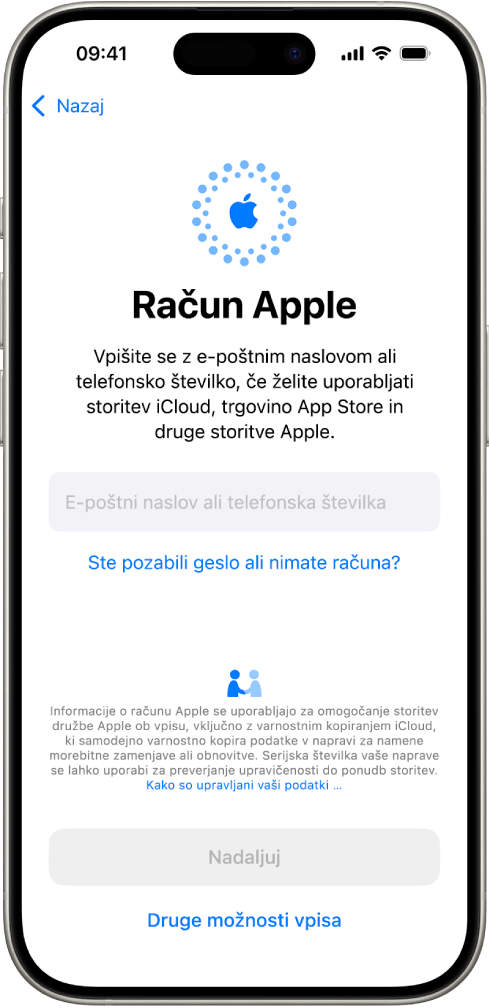 Zaslon za prijavo v račun Apple.
