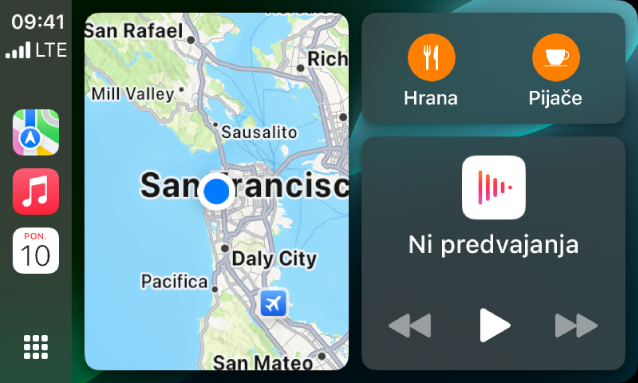 Nadzorna plošča CarPlay, ki prikazuje Zemljevidi, Glasba in Sporočila v stranski vrstici. Na desni je zemljevid Apple Parka, okno za navigacijo in okno za predvajanje.