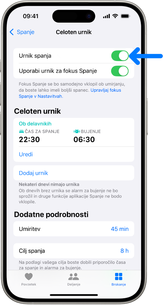 Zaslon Celoten urnik spanja v aplikaciji Zdravje z vklopljeno možnostjo Urnik spanja na vrhu.