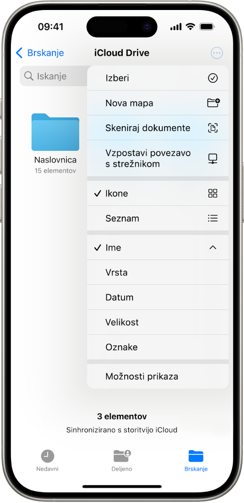 Aplikacija Datoteke z izbranim gumbom Več. V vidnem meniju so možnosti za Izberi, Nova mapa, Skeniraj dokumente in Povezava s strežnikom. Spodaj so možnosti za ogled elementov na zaslonu kot ikon ali seznama. Na dnu so možnosti razvrščanja za Ime, Vrsta, Datum, Velikost in Oznake, ki jim sledijo Možnosti prikaza.
