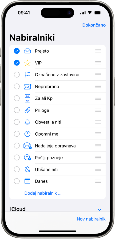 Zaslon za urejanje nabiralnikov. Izbirni nabiralniki so navedeni od zgoraj navzdol s potrditvenim poljem na levi strani vsake možnosti. V spodnjem desnem kotu zaslona je gumb z oznako Nov nabiralnik.