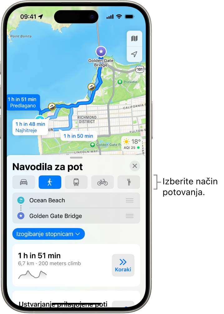 Zemljevid, ki prikazuje več možnosti poti med dvema lokacijama, z gumbi za izbiro drugih načinov potovanja, preklapljanje začetne točke in cilja ter ogled smeri po korakih.