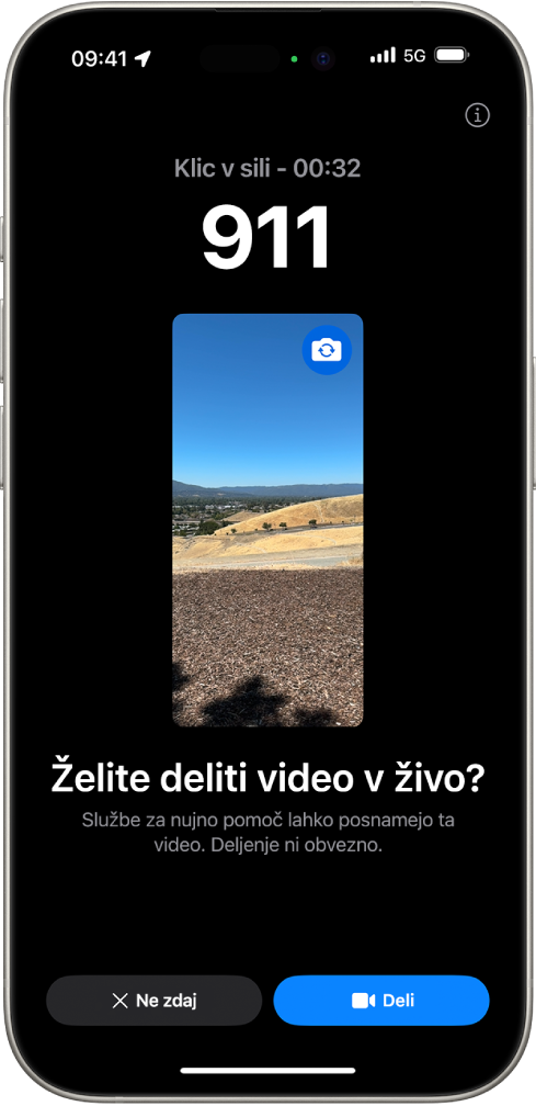 Zaslon Video v živo za nujni poziv SOS, ki prikazuje klic v sili 911 s predogledom videoposnetka na sredini. Na dnu so gumbi za Ne zdaj in Deli video.