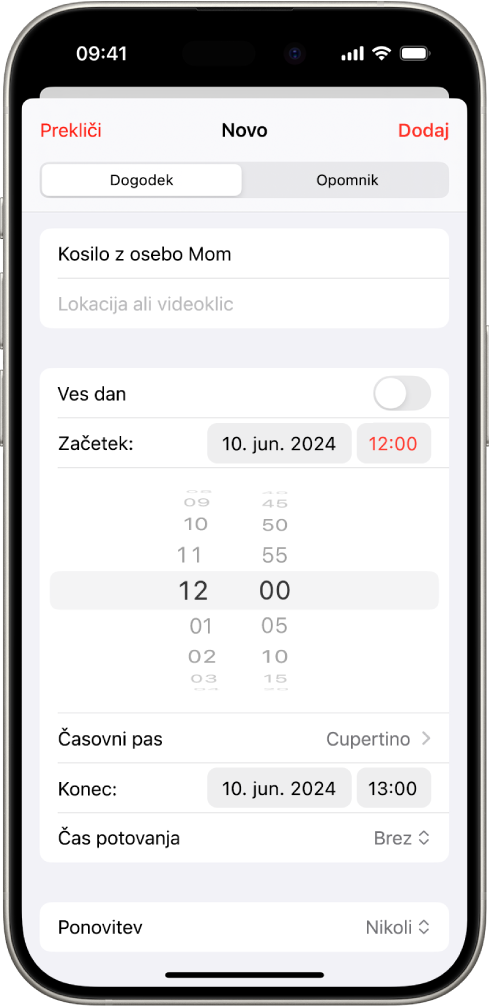 Koledarski dogodek, ki prikazuje nastavitve za čas in časovni pas dogodka.