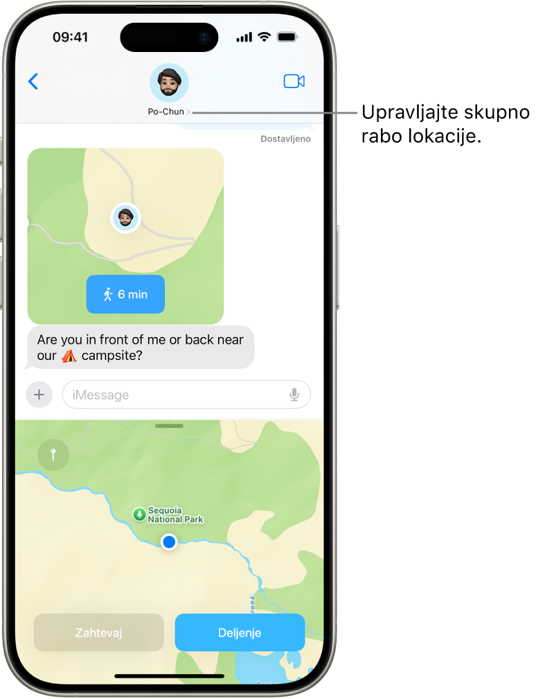Pogovor v aplikaciji Sporočila z deljeno lokacijo.