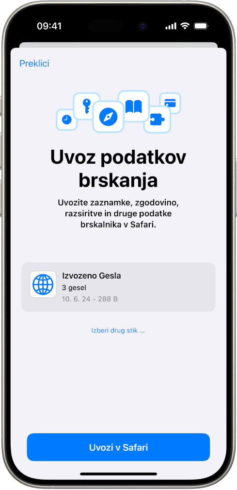 Zaslon Uvozi podatke brskanja, ki prikazuje datoteko CSV gesel drugega upravitelja gesel, ki jih želite uvoziti.
