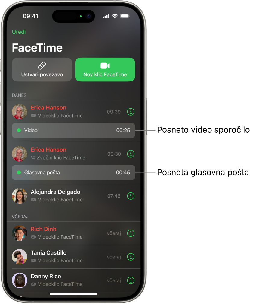 Zgodovina klicev FaceTime s povezavami do posnetega videosporočila in glasovne pošte.