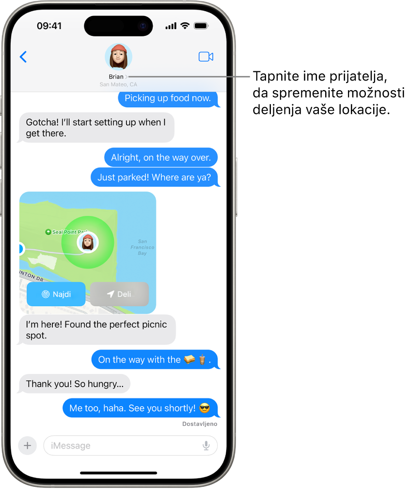 Pogovor v aplikaciji Sporočila z deljeno lokacijo s funkcijo Natančno iskanje.