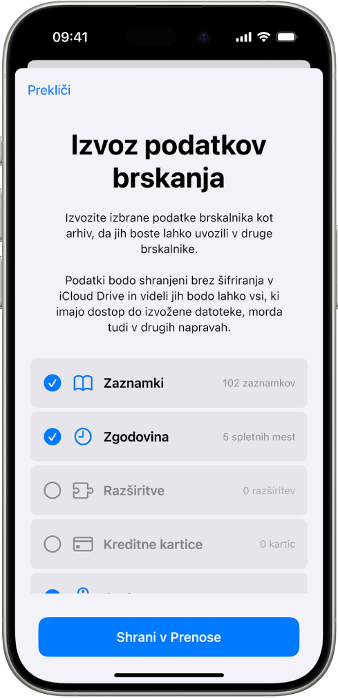 Na zaslonu Izvoz podatkov brskanja so prikazani podatki, ki jih lahko iz aplikacije Safari izvozite v drug brskalnik.