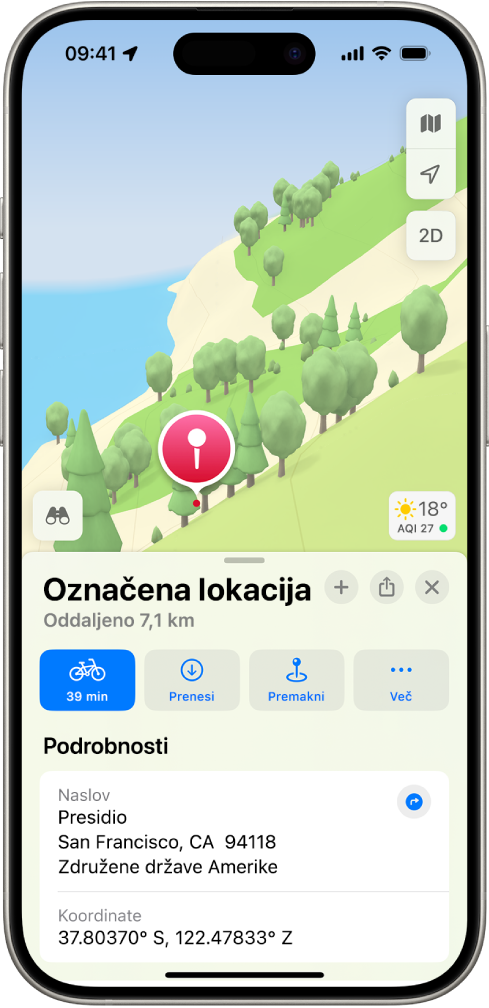 Zemljevid, ki prikazuje odvržen žebljiček v parku. Spodaj se prikažejo gumbi za pridobivanje navodil do žebljička, prenos okolice ali premikanje.