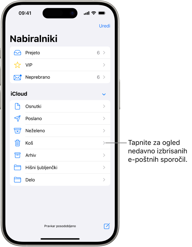 Zaslon Nabiralniki. Pod možnostjo iCloud so nabiralniki navedeni od zgoraj navzdol, vključno z nabiralnikom Koš. Tapnite ga, če si želite ogledati nedavno izbrisana e-poštna sporočila.