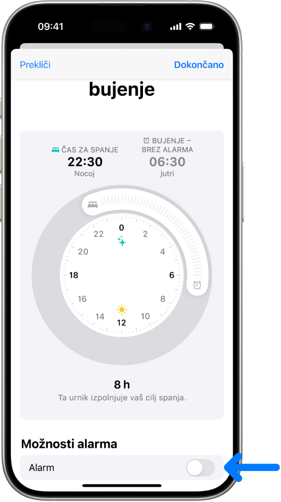 Zaslon Samo za naslednje bujenje z izklopljeno možnostjo Alarm na dnu.