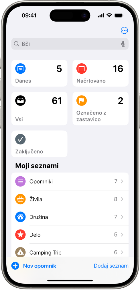 Zaslon Opomniki, ki prikazuje iskalno polje na vrhu in več seznamov spodaj.