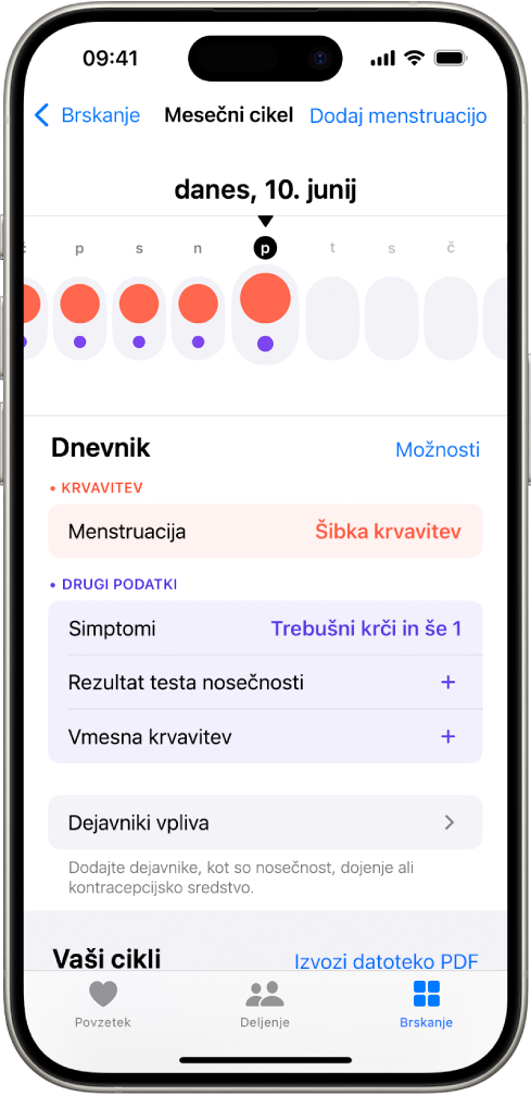 Zaslon Mesečni cikel, ki prikazuje časovnico za teden na vrhu zaslona. Rdeči krogi in vijolične pike označujejo prvih 5 dni na časovnici. Pod časovnico so možnosti za dodajanje informacij o menstruacijah, simptomih itd.