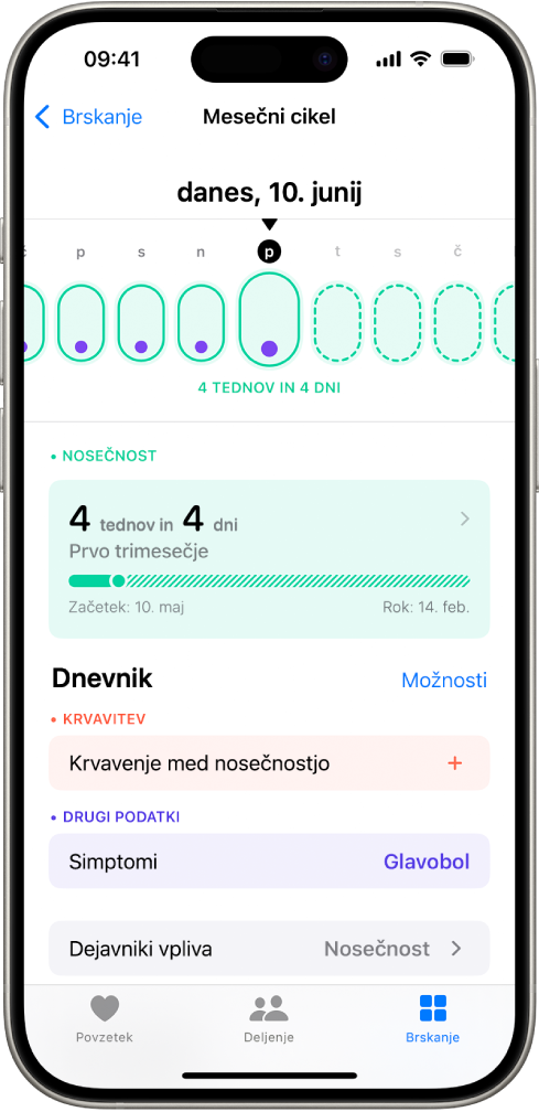 Zaslon Mesečni cikel s časovnico nosečnosti za teden na vrhu zaslona. Svetlozeleni ovali in vijolične pike označujejo prvih 5 dni na časovnici. Prekinjeni svetlo zeleni ovali označujejo druge dneve na časovnici. Pod časovnico je povzetek nosečnosti, ki prikazuje gestacijsko starost, datum začetka in predvideni rok poroda. Pod povzetkom nosečnosti so možnosti za dodajanje informacij o krvavitvah med nosečnostjo, simptomih in več.