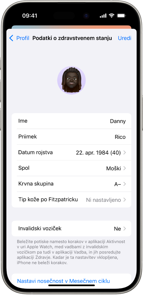 Zaslon Podatki o zdravstvenem stanju, ki vključuje polja za ime, datum rojstva, krvno skupino in druge informacije.