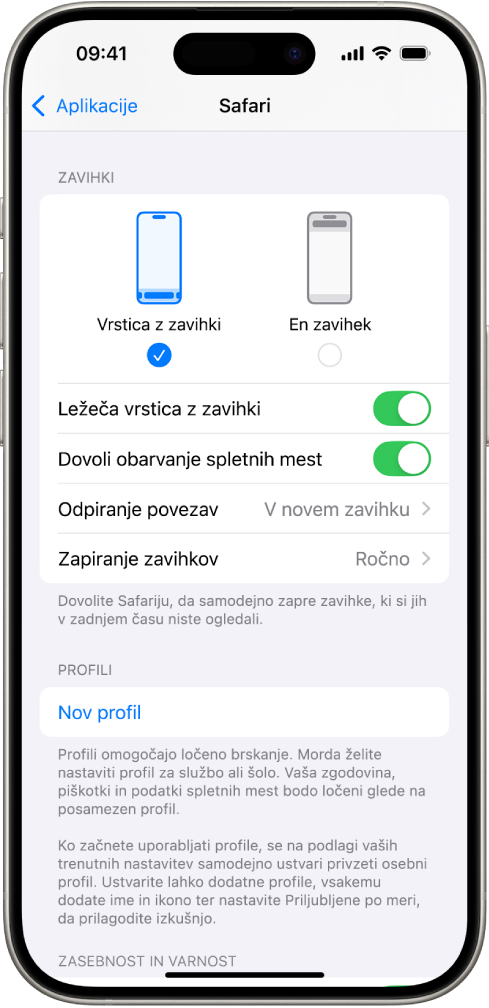 Zaslon, ki prikazuje dve možnosti postavitve Safari: Vrstica z zavihki in En zavihek.