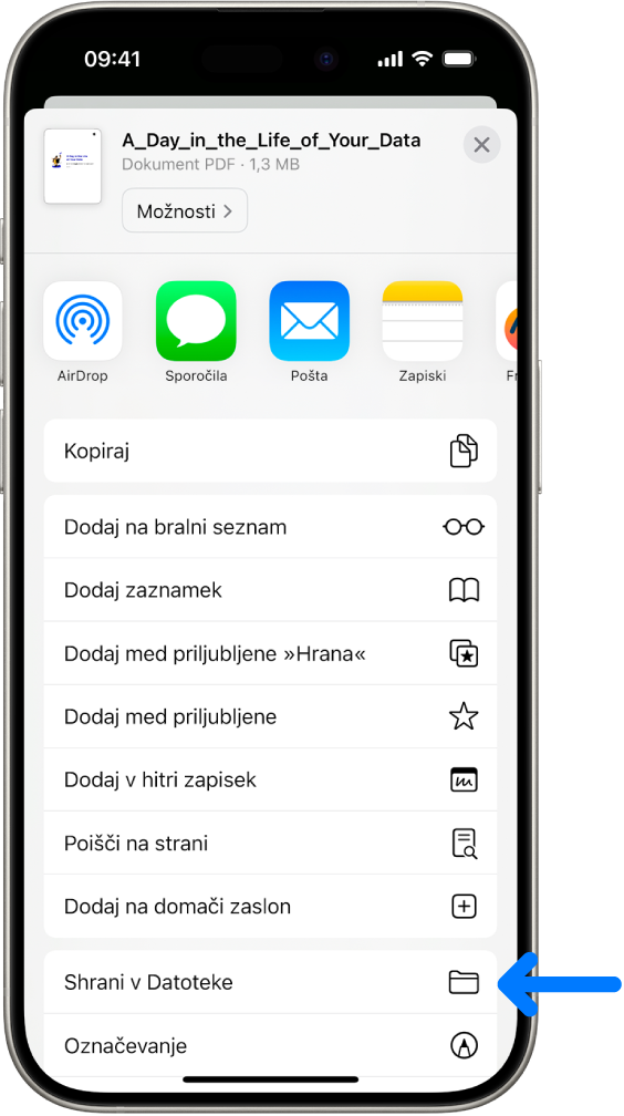 V aplikaciji Safari je bil pritisnjen gumb Deljenje v dokumentu PDF, ki prikazuje seznam možnosti, vključno s funkcijo Shrani v Datoteke na dnu zaslona.