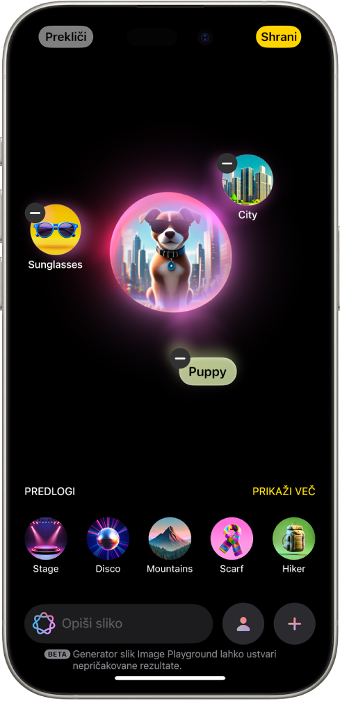 Okno aplikacije Image Playground prikazuje ustvarjeno sliko psa s sončnimi očali.