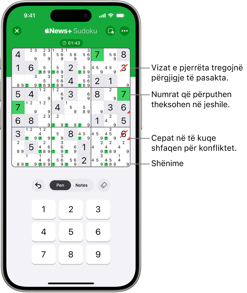 Një enigmë sudoku me disa veçori të aktivizuara: Notes, Highlight Matching Numbers, Show Conflicts dhe Autocheck.