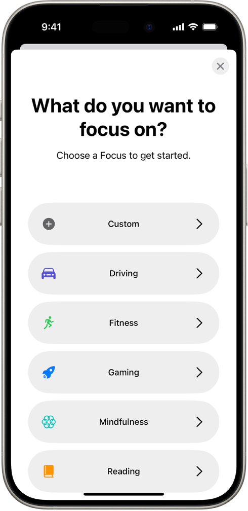 Një ekran i konfigurimit të Focus për opsionet shtesë të dhëna të Focus, duke përfshirë Custom, Driving, Fitness, Gaming, Mindfulness dhe Reading.