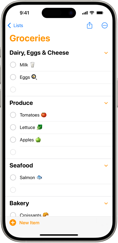 Aplikacioni Reminders që tregon një listë ushqimesh me artikuj në kategori të tilla si Produce dhe Seafood.