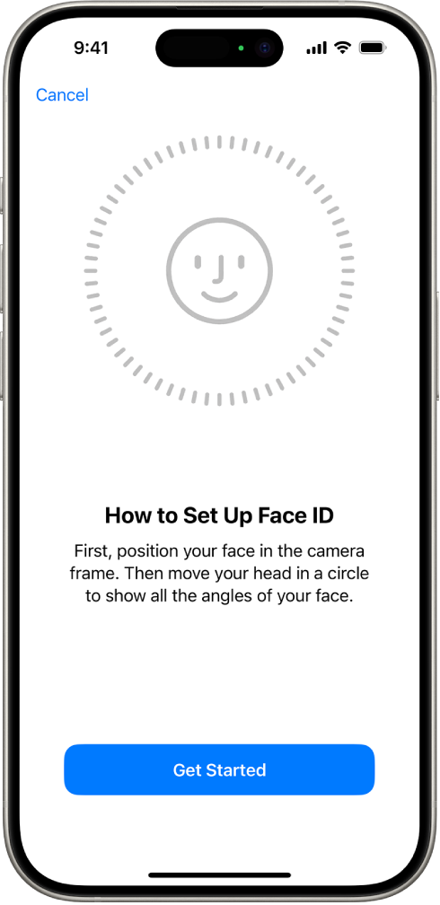 Екран за подешавање система за препознавање Face ID. На екрану се види лице, обавијено кругом. Испод лица је текст који упућује корисника да полако помера главу да би се круг затворио.