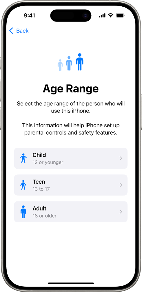 Екран за подешавање распона Age Range. Наведена су три распона година: Child (12 or younger), Teen (13 to 17) и Adult (18 or older).