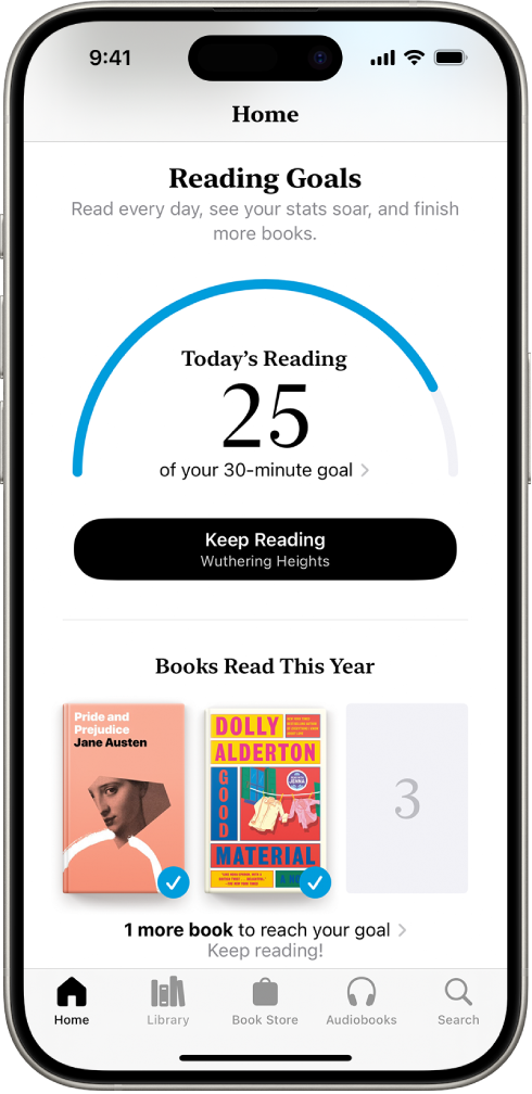 Екран Reading Goals на ком је приказана статистика за корисника, која показује колико дуго је читао/ла тог дана, колики му/јој је недељни рекорд за читање, као и које је књиге прочитао/ла ове године. Дуж доње ивице су картице Home (која је изабрана), Library, Book Store, Audiobooks и Search.