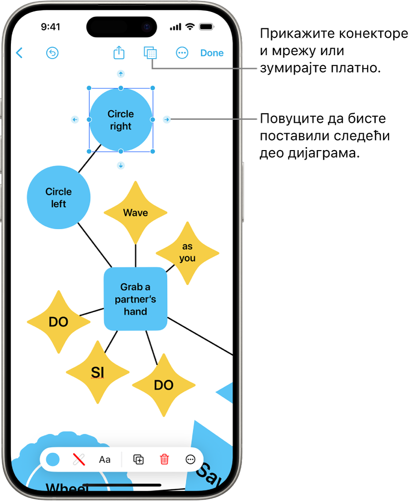Дијаграм на табли у апликацији Freeform, заједно са конекторима приказаним на изабраном облику, док се на дну екрана виде алатке за обликовање облика.