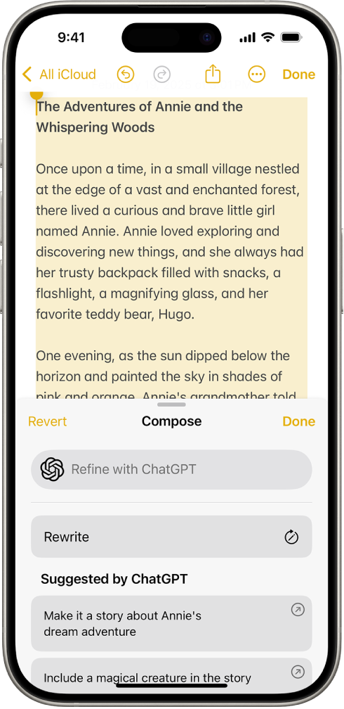 На iPhone-у је приказана прича написана у апликацији Notes. На дну екрана је дијалог Compose with Writing Tools који укључује опције за опис промене, прераду, одабир предлога проширења ChatGPT и друге.