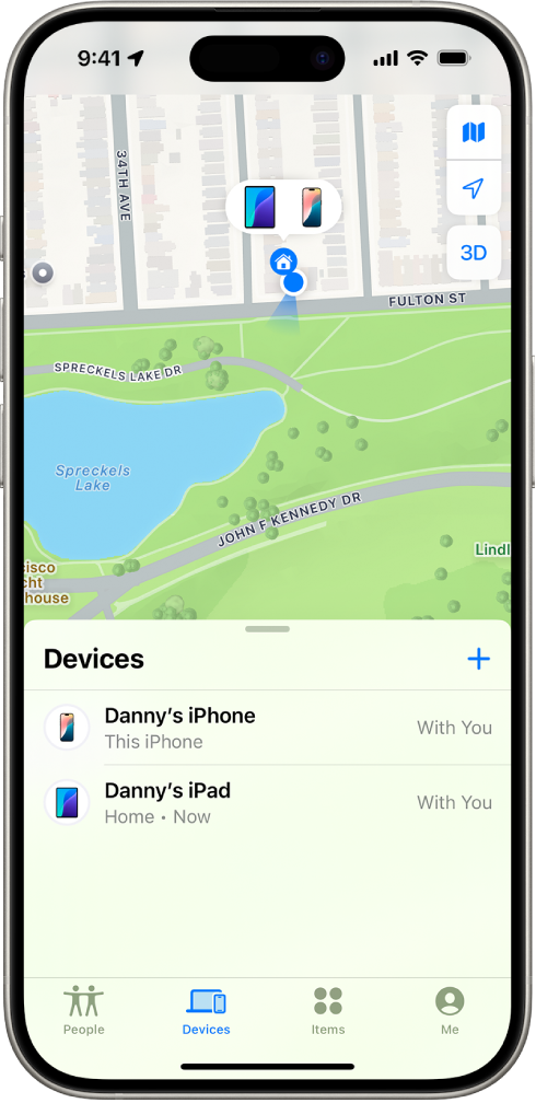 Екран Find My на ком су приказана два уређаја код куће.