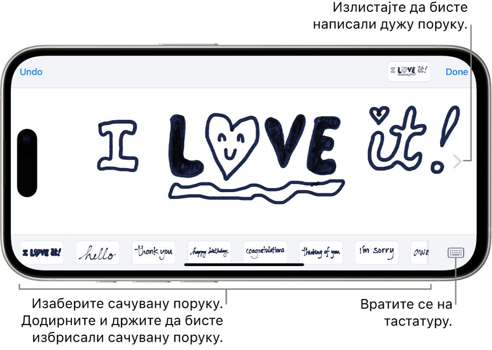 Подлога за састављање руком писане поруке. Дуж доње ивице, слева надесно, налазе се сачуване руком написане ставке и дугме Keyboard.