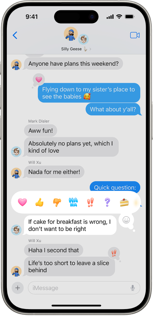 Преписка у апликацији Messages у којој се види мени са Tapback иконама.