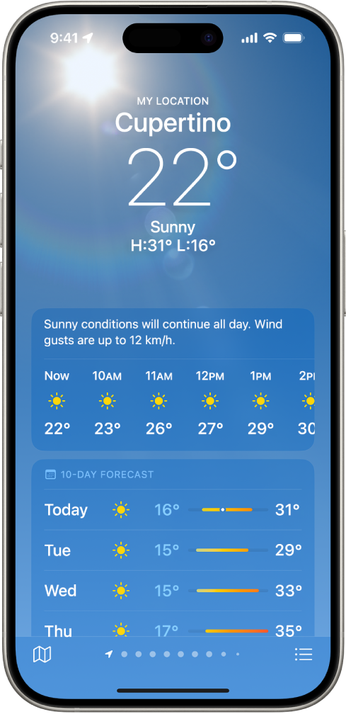 Екран Weather на ком су одозго надоле приказани: локација, тренутна температура, највиша и најнижа дневна температура, временска прогноза по сатима и за наредних десет дана. Ред са тачкама у доњем средишњем делу показује колико је локација наведено на листи локација. У доњем десном углу се налази дугме Location List, а у доњем левом углу се налази дугме Show Map.