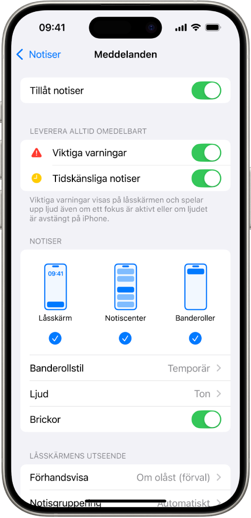 iPhone med inställningar för notiser och varningar i Meddelanden.