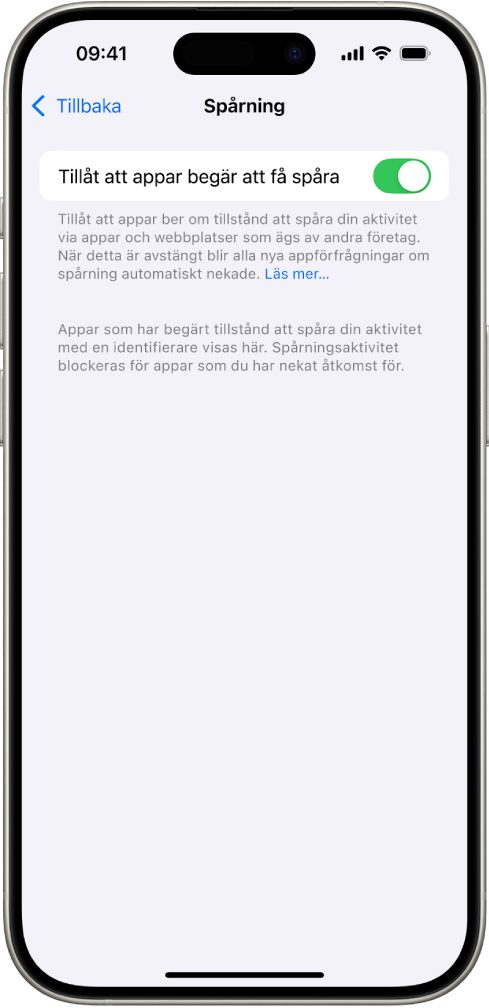 Spårningsskärmen med en inställning för att styra om appar kan begära att få spåra dig på webbplatser eller i appar som ägs av andra företag.