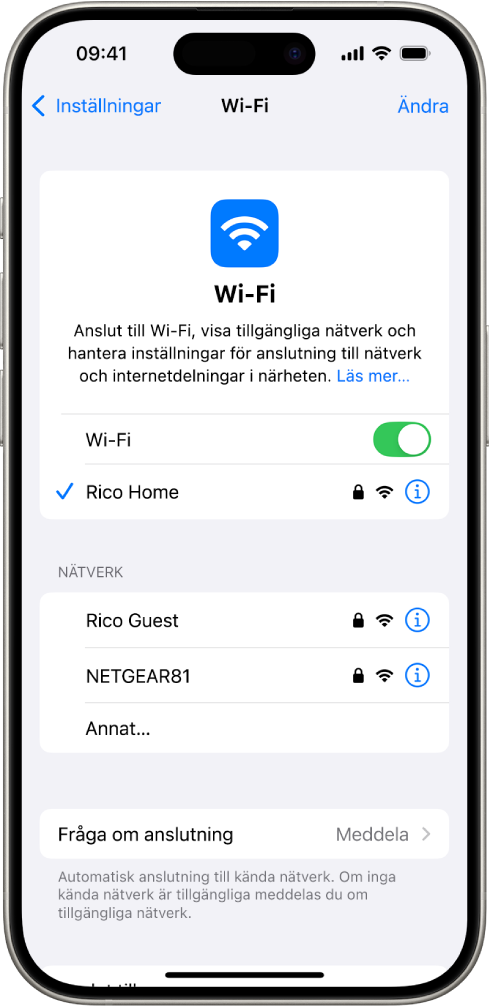 Skärmen med Wi-Fi-alternativ i Inställningar. Wi-Fi är på och ett nätverk är valt.