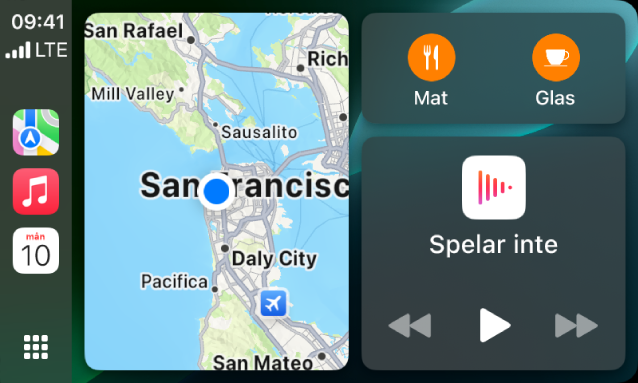En CarPlay Dashboard med Kartor, Musik och Meddelanden i sidofältet. Till höger finns en karta över Apple Park, ett navigeringsfönster och ett fönster med vad som spelas just nu.