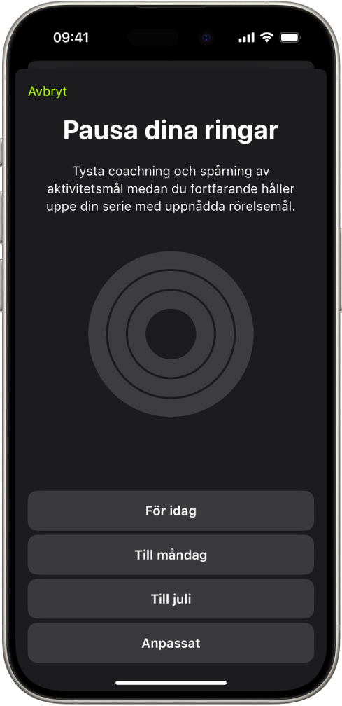 Skärmen Pausa dina ringar i Fitness med alternativ för att pausa aktivitetsringar.