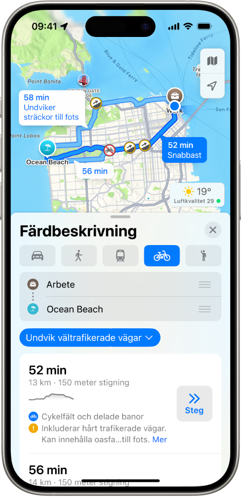 En karta visar alternativ för en cykelrutt. Ruttkortet längst ned visar detaljer, inklusive beräknade restider, höjdändringar och typer av vägar. En OK-knapp visas till höger om detaljerna.